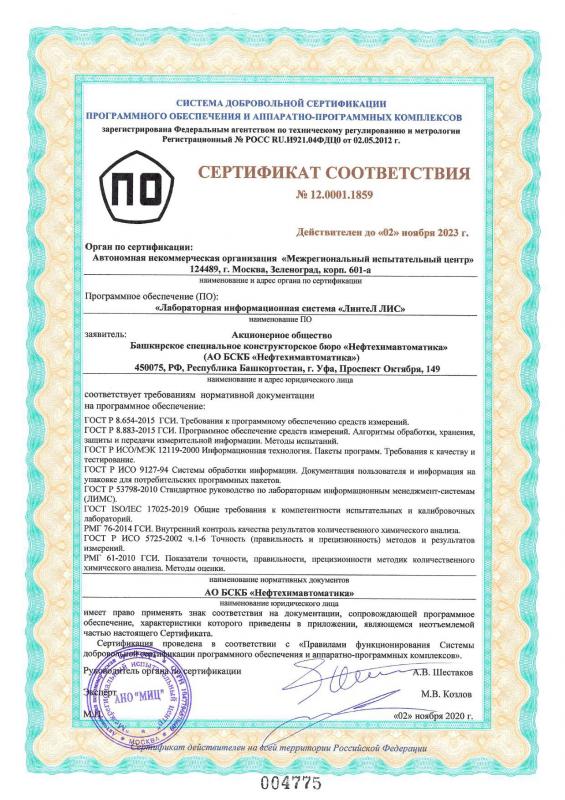 Сертификат соответствия ПО